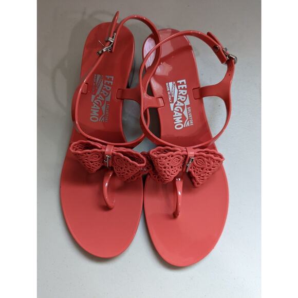 Salvatore Ferragamo Size 9 Perala Bow Strap Jelly Thong Sandals Coral - Picture 3 of 12